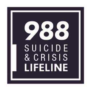 Logo for the 988 Suicide & Crisis Lifeline: white text on a dark square background.