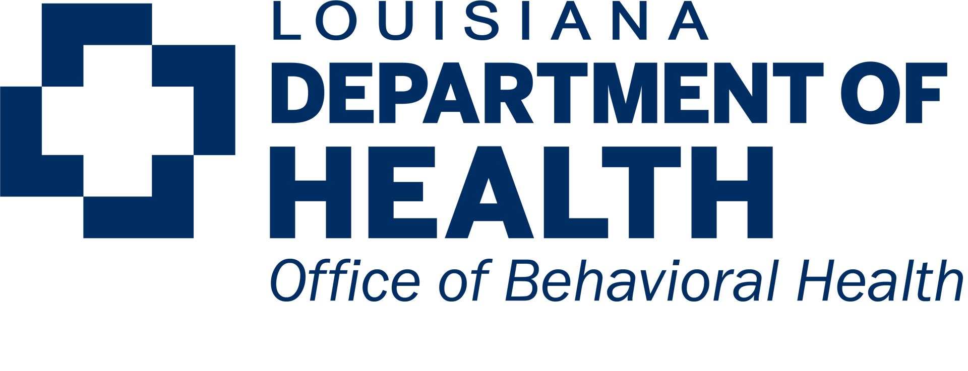 Logo for the Louisiana Department of Health, Office of Behavioral Health, featuring a blue medical cross.