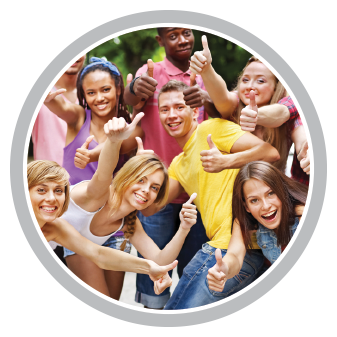 A group of young people are giving a thumbs up