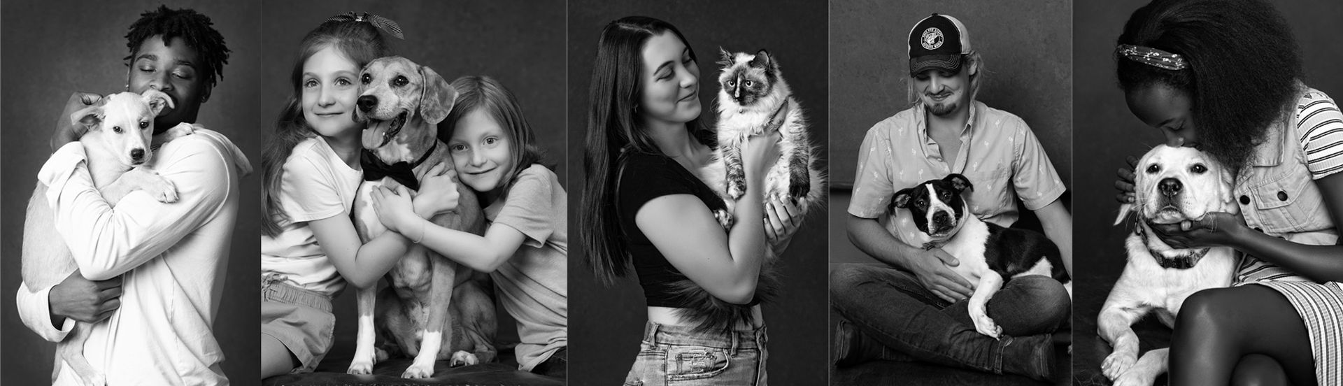 A collage of black and white photos of people holding dogs