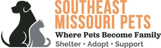The logo for southeast missouri pets where pets become family shelter adopt support