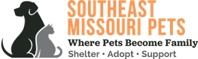 The logo for southeast missouri pets where pets become family shelter adopt support