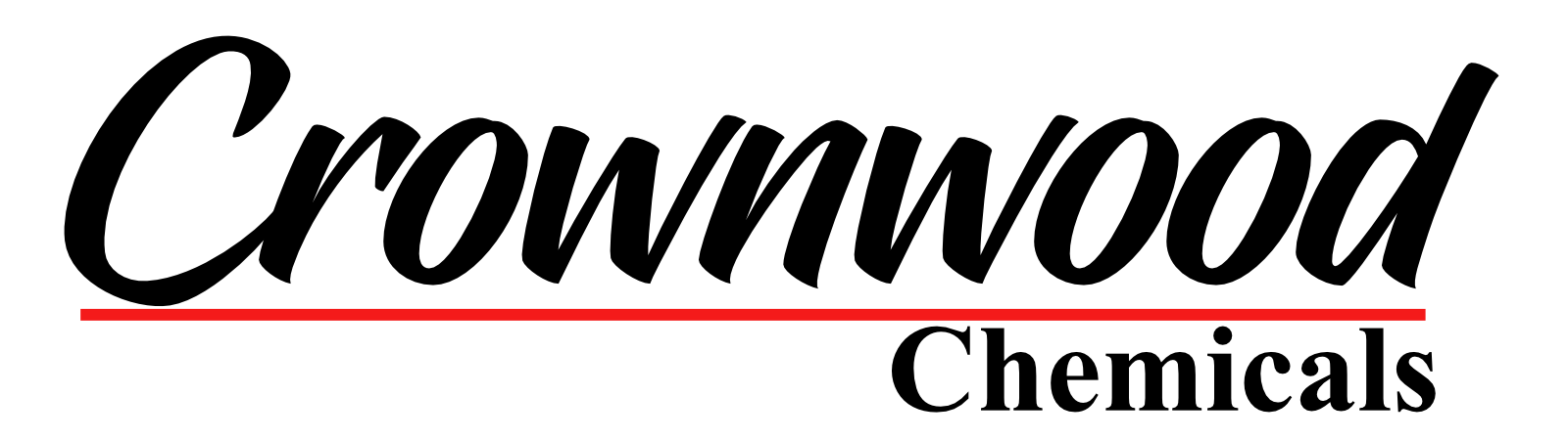 The logo for crownwood chemicals is black and red.