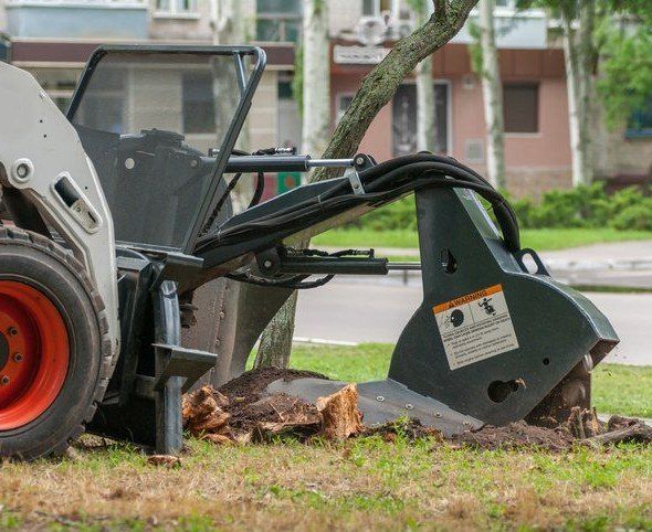 a tractor is cutting a tree stump in the ground