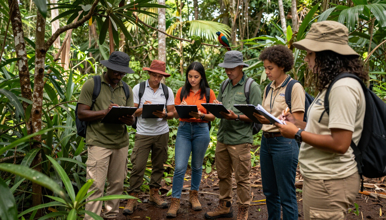 Researchers taking notes on a forest trail in a lush tropical jungle