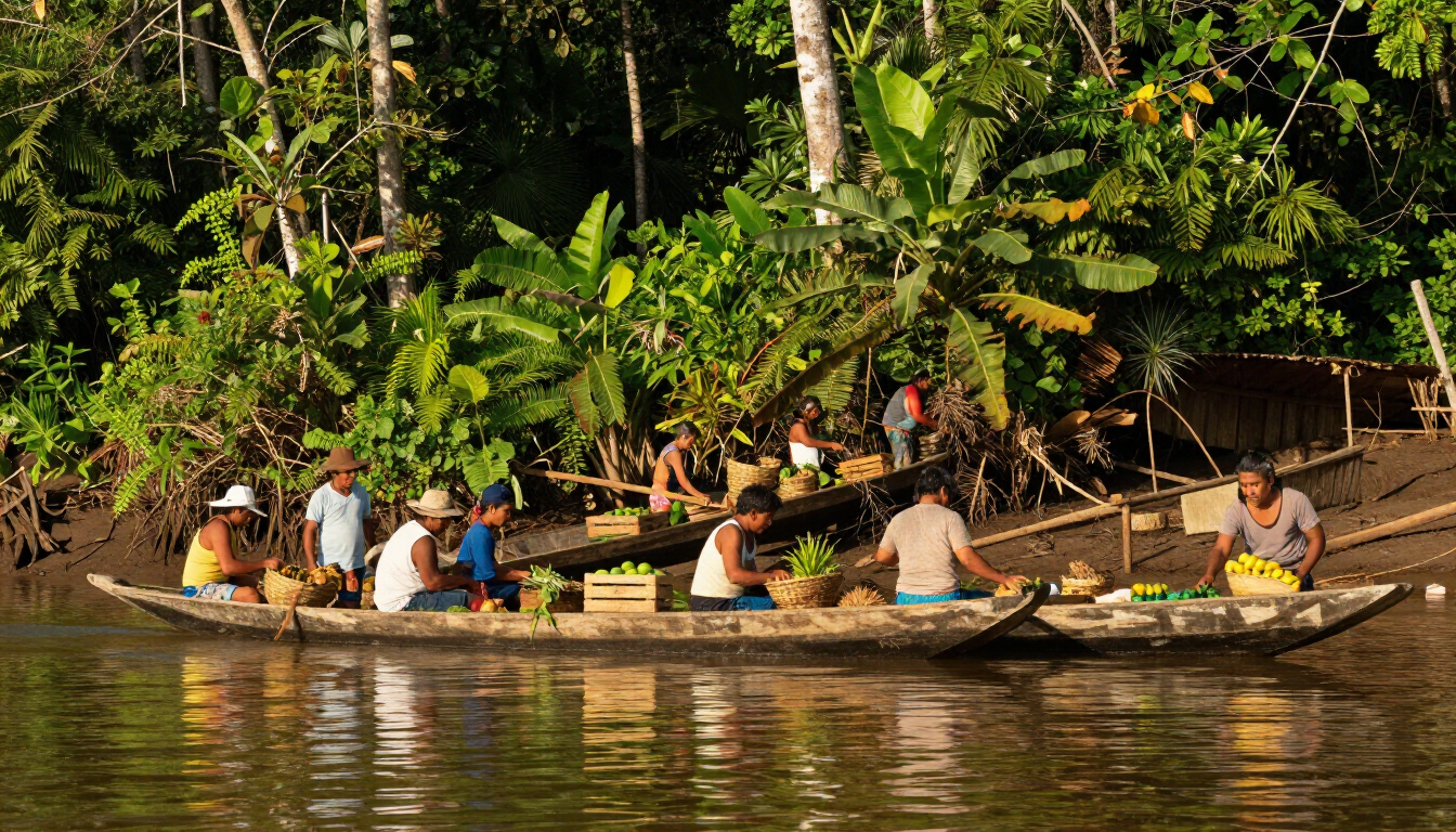 People paddling narrow boats on a calm river beside dense green jungle.