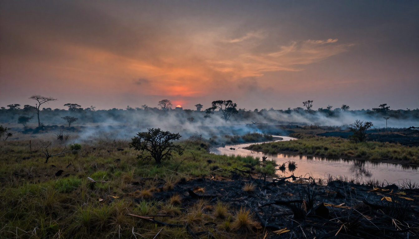 Pântano enevoado ao nascer do sol, com céu alaranjado, árvores dispersas e poças de água refletoras.