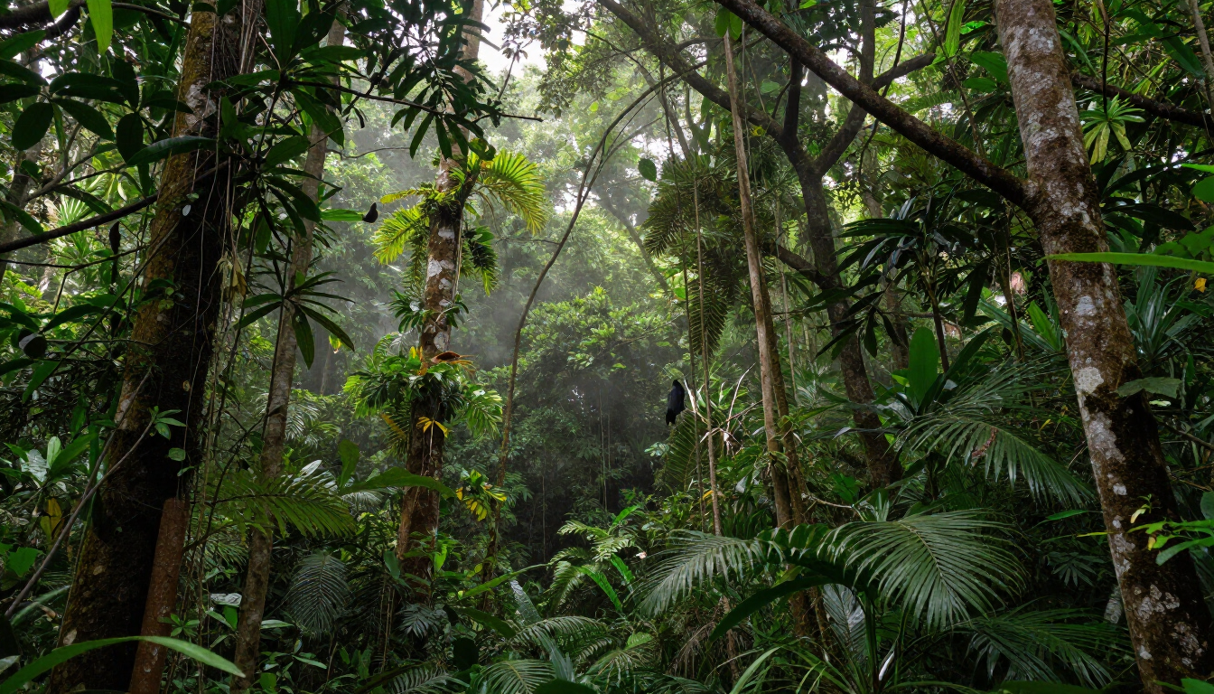 Dense tropical rainforest with lush green foliage and tall trees under misty light