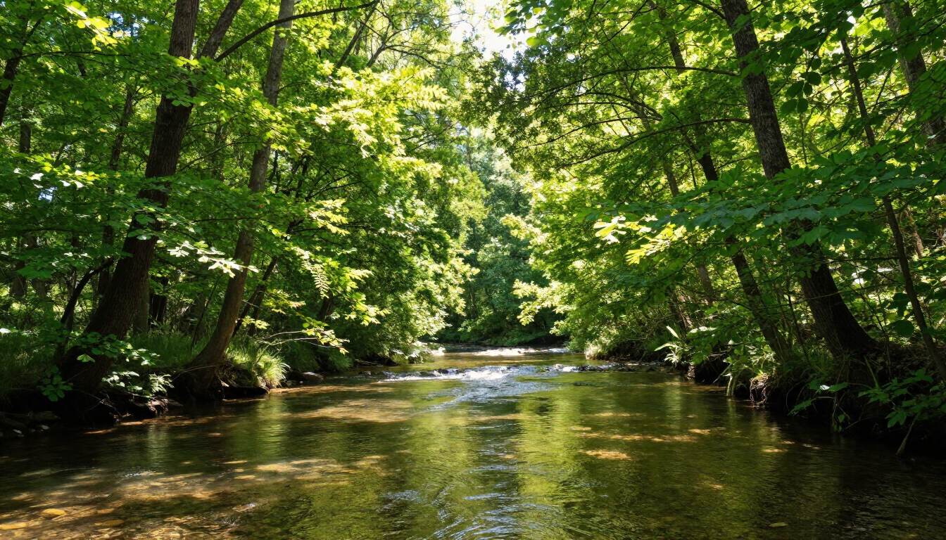 Forest stream flowing through a green wooded area under bright sunlight