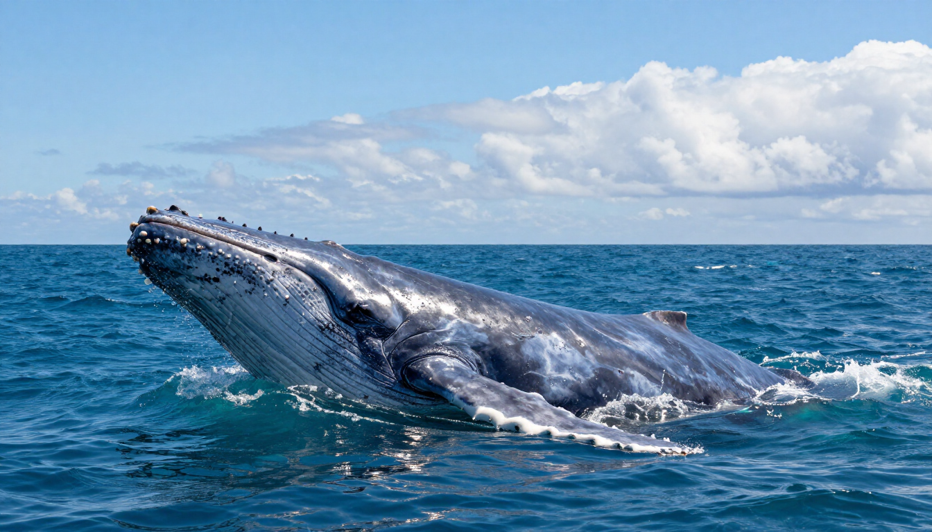 Whale breaching in a blue ocean under a partly cloudy sky