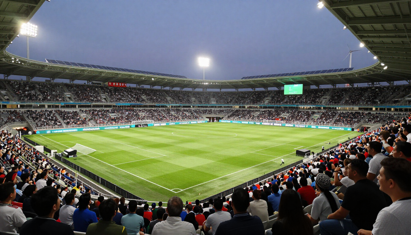 Packed soccer stadium at dusk with bright floodlights and a green field