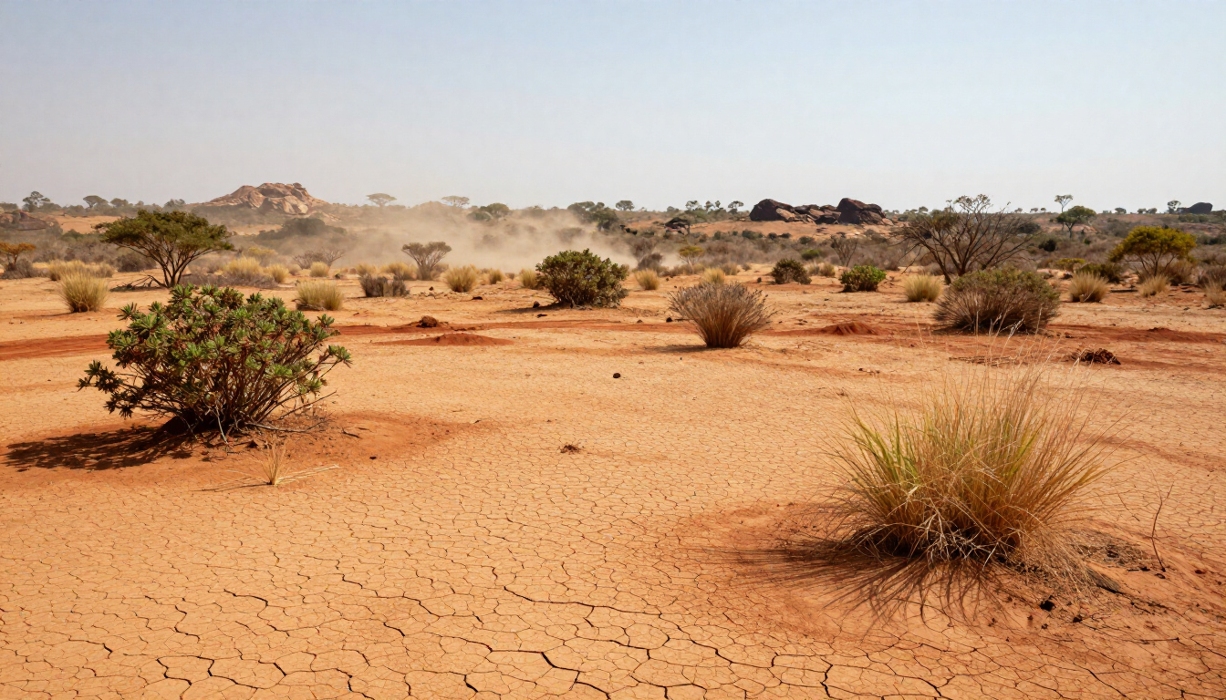 Dry, cracked desert landscape with sparse shrubs and dust under a hazy sky.