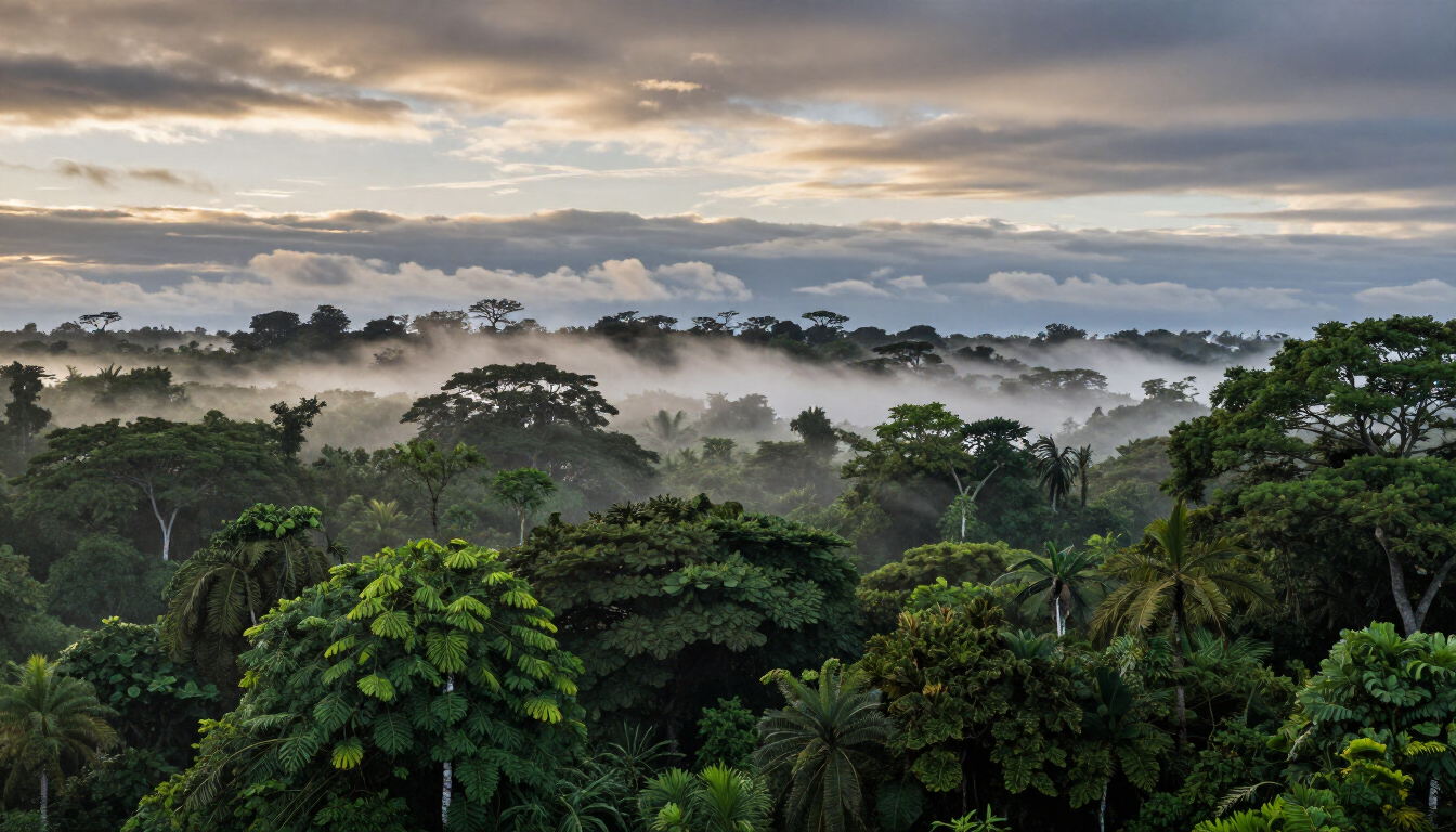 Copa das árvores de uma floresta tropical enevoada ao nascer do sol sob um céu nublado.