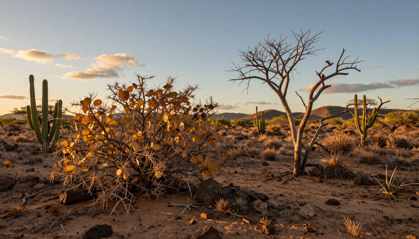 Paisagem desértica com cactos, arbustos secos e uma árvore sem folhas ao pôr do sol.