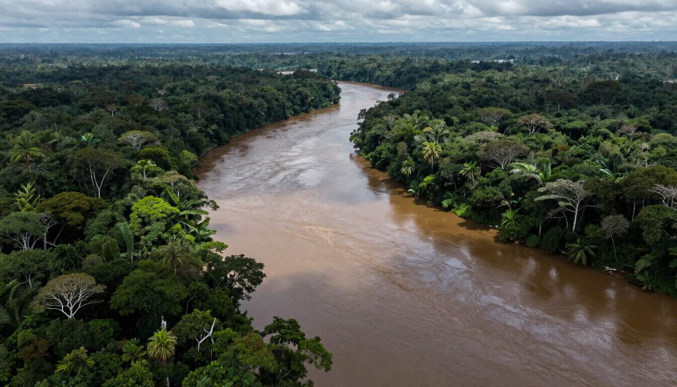 Um rio lamacento serpenteando por uma densa floresta tropical verde sob um céu nublado.
