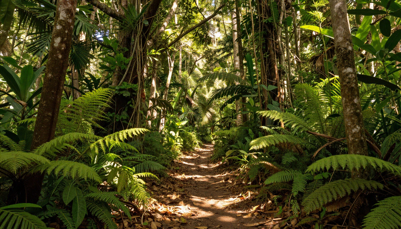 Trilha ensolarada na floresta, ladeada por samambaias verdejantes e árvores altas.