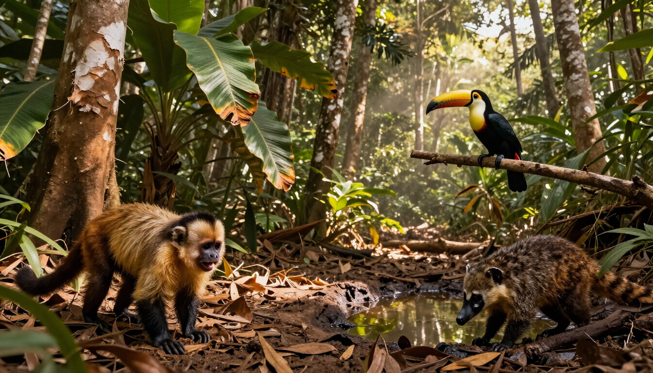 Dois macacos e um tucano em uma exuberante cena no chão de uma floresta tropical.