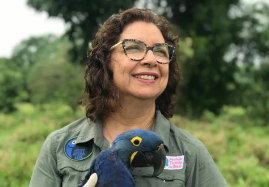 Uma mulher está segurando um papagaio azul no ombro.