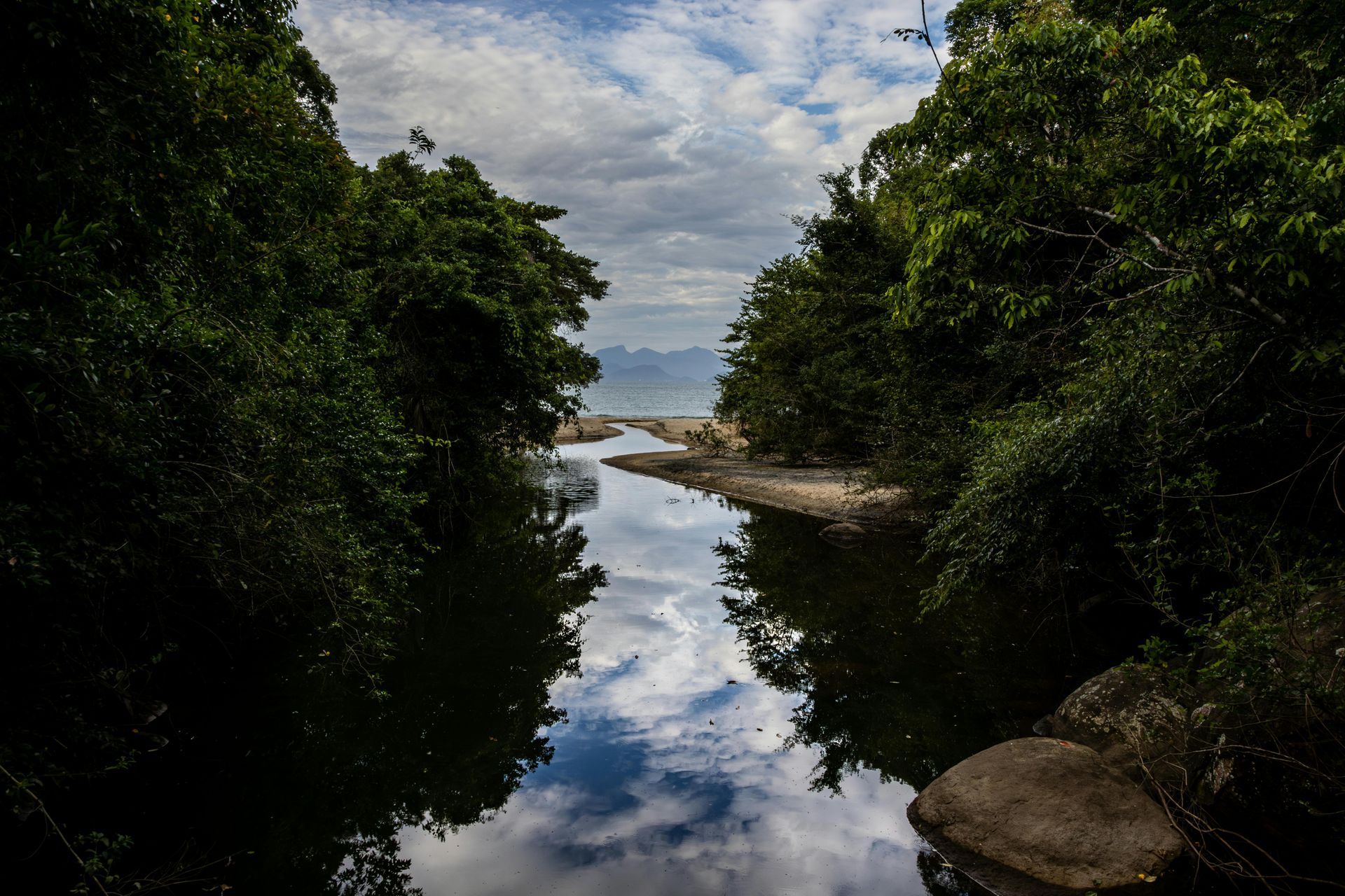 Calm river reflecting cloudy sky between dense green trees and sandy banks