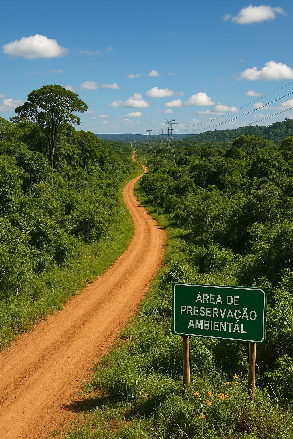 Dirt road through lush green forest; sign reads