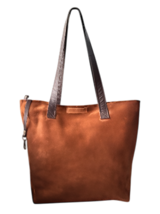 Bolso tote de ante marrón con asas de cuero marrón.