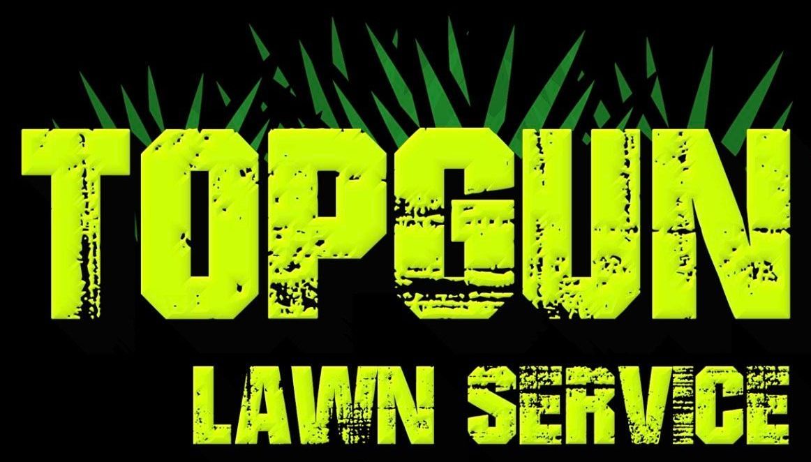 A logo for topgun lawn service with a black background