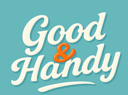 "Good & Handy" logo with white, curvy text on a blue background; the ampersand is orange.