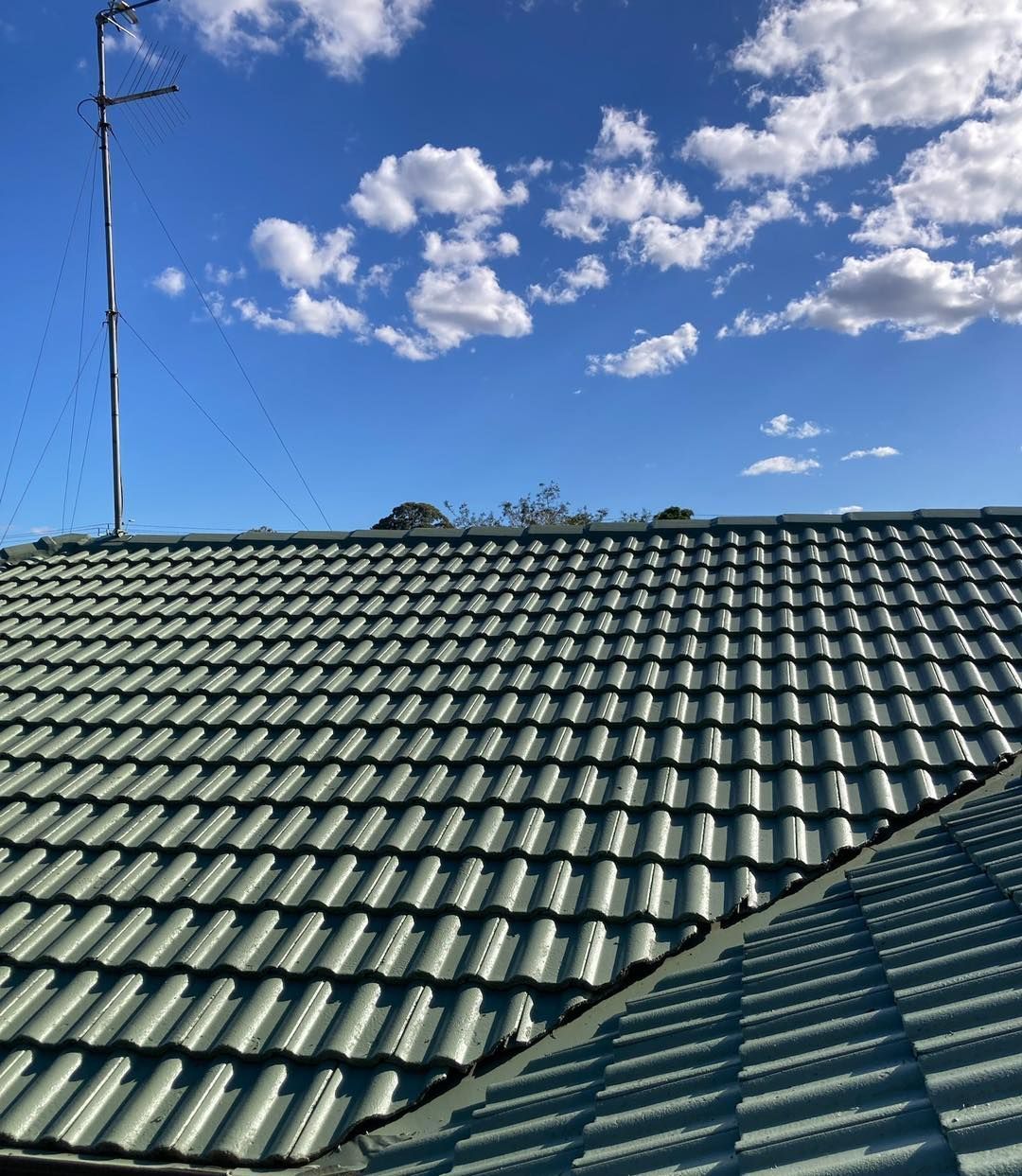 A green tiled roof with a blue sky in the background — Wayne Treasure Roofing & Restoration In Forster, NSW