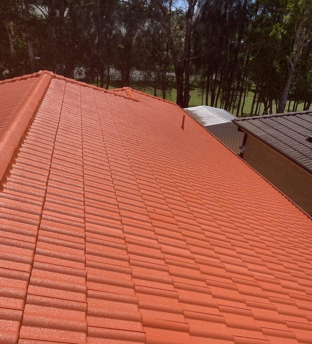 A red tiled roof with trees in the background — Wayne Treasure Roofing & Restoration In Forster, NSW