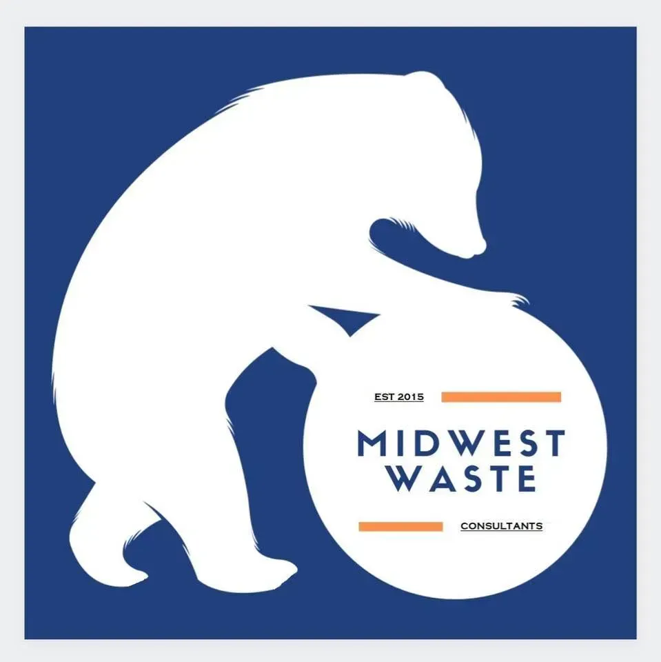 Logo for Midwest Waste Consultants featuring a white bear silhouette pushing a circle containing the company name.