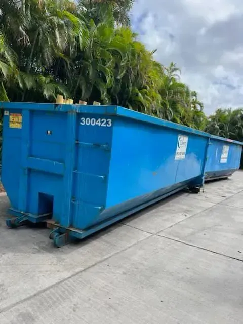 A long, bright blue industrial roll-off dumpster parked on a concrete surface in front of lush green palm trees.