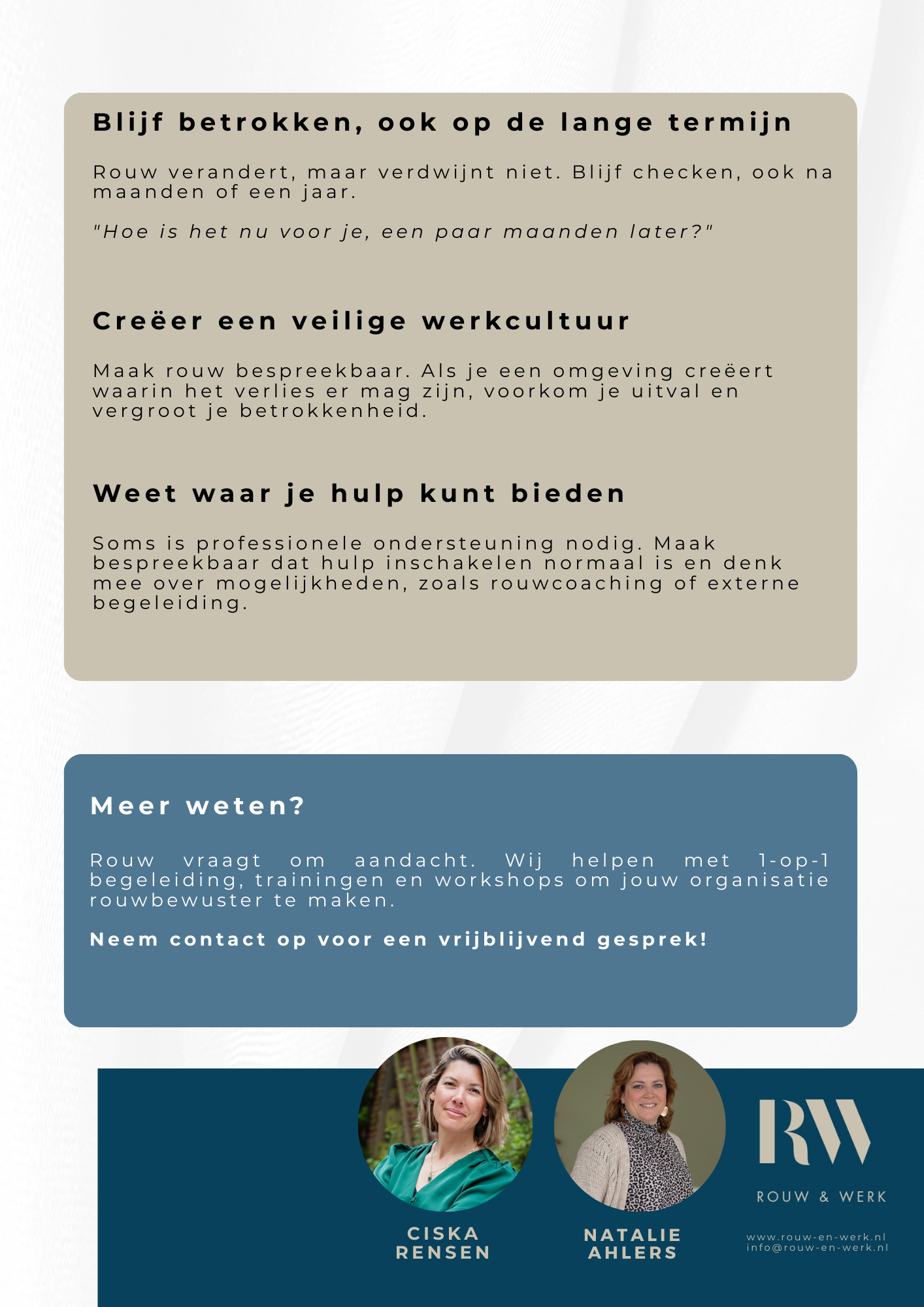 Poster with text in Dutch about engagement, safety in the workplace, and self-reflection, featuring two women's portraits.