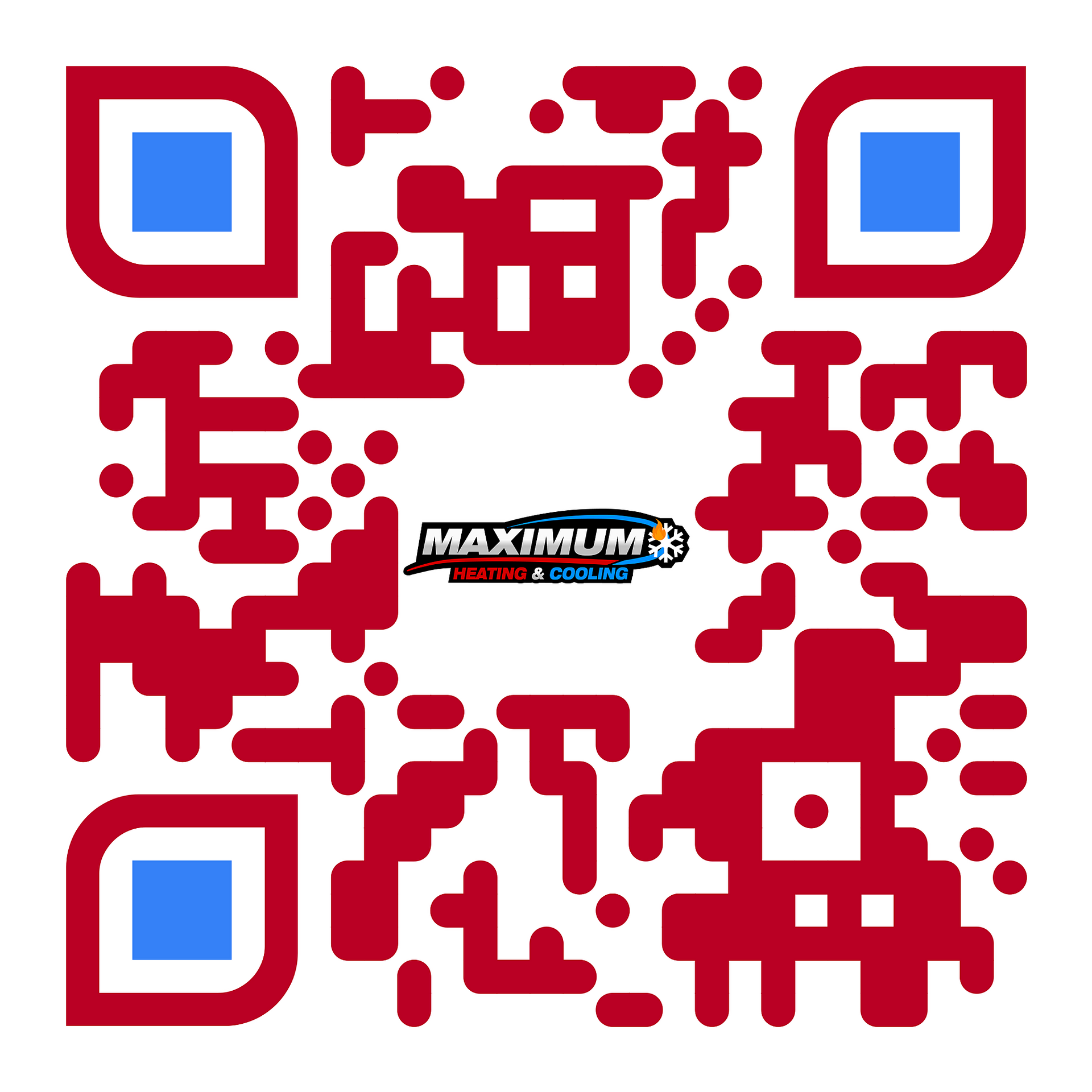 Red QR code with blue corner squares and a MAXIMUM brand logo in the center