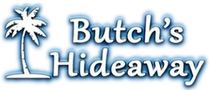 A logo for "Butch's Hideaway" featuring a white palm tree silhouette next to blue-outlined, white text on a white background.