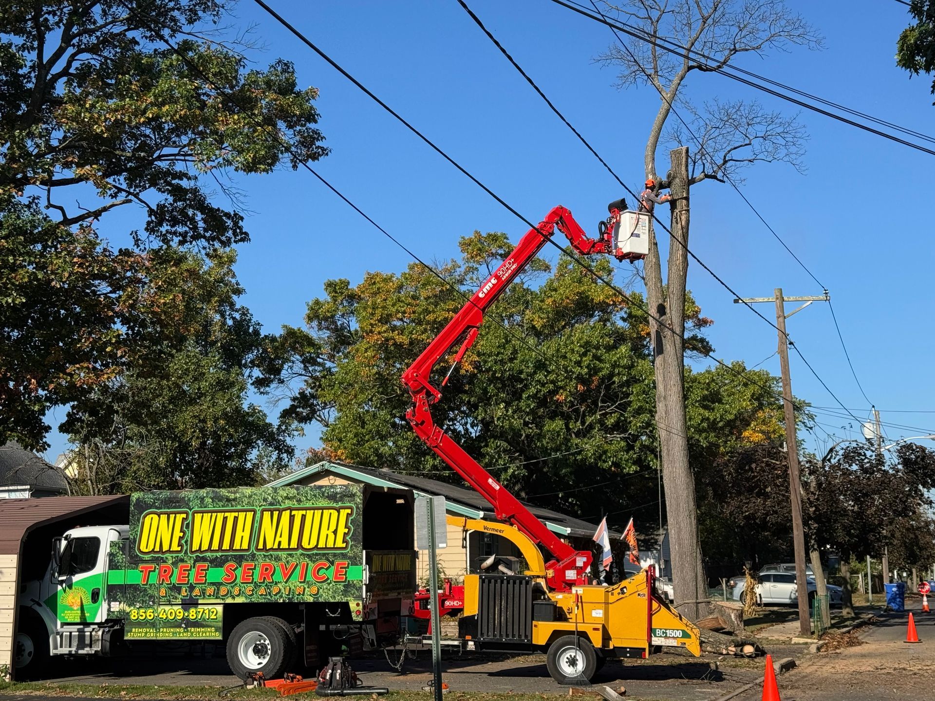 Utility truck with bucket lift trimming trees near power lines on a sunny street