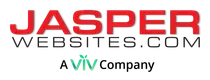 A red and white logo for jasper websites.com