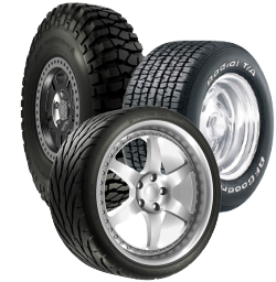 Three different types of tires and wheels on a white background