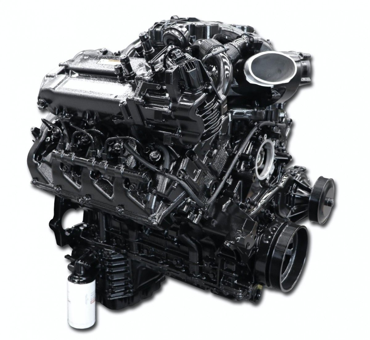 A close up of a black engine on a white background