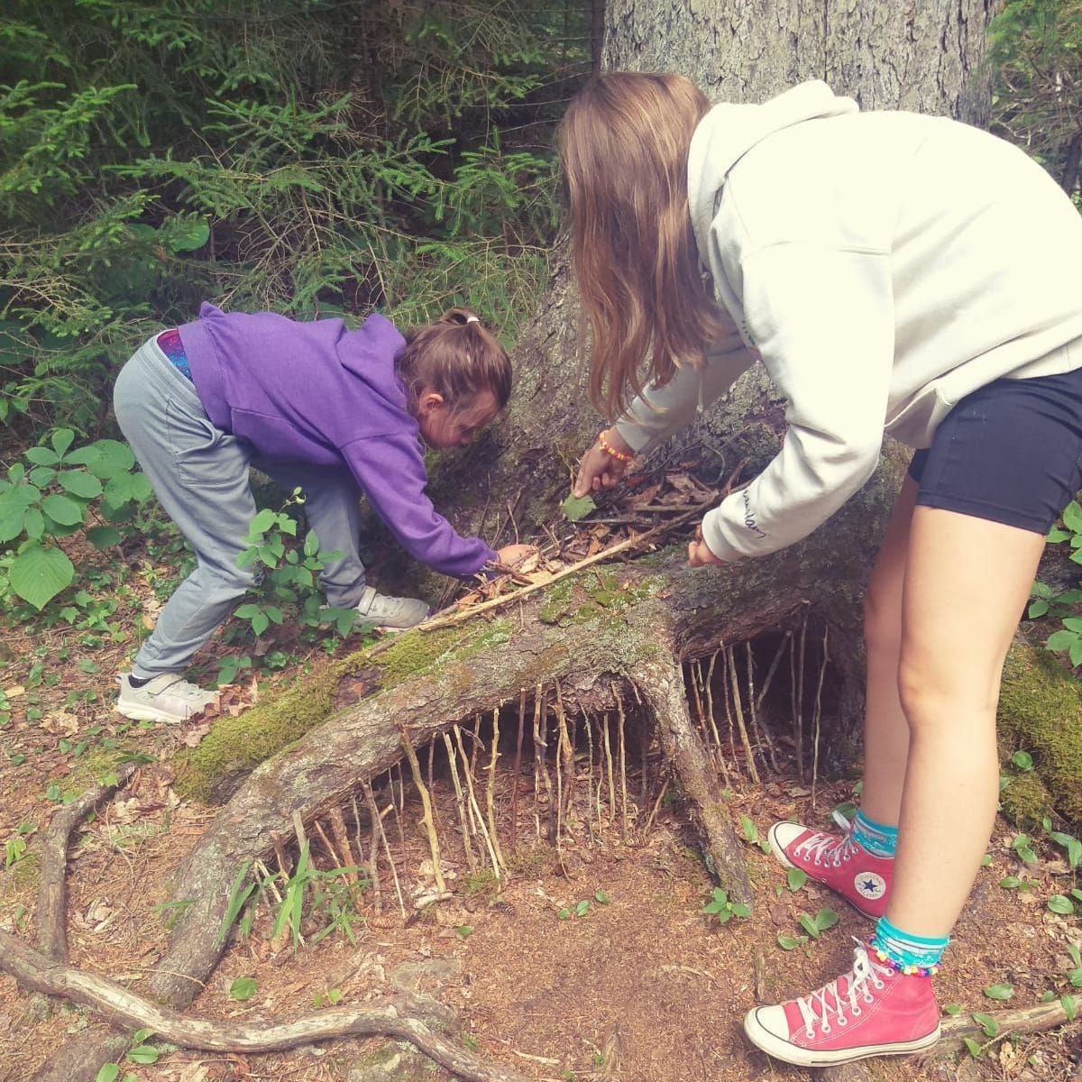 kids building fairy houses in the woods