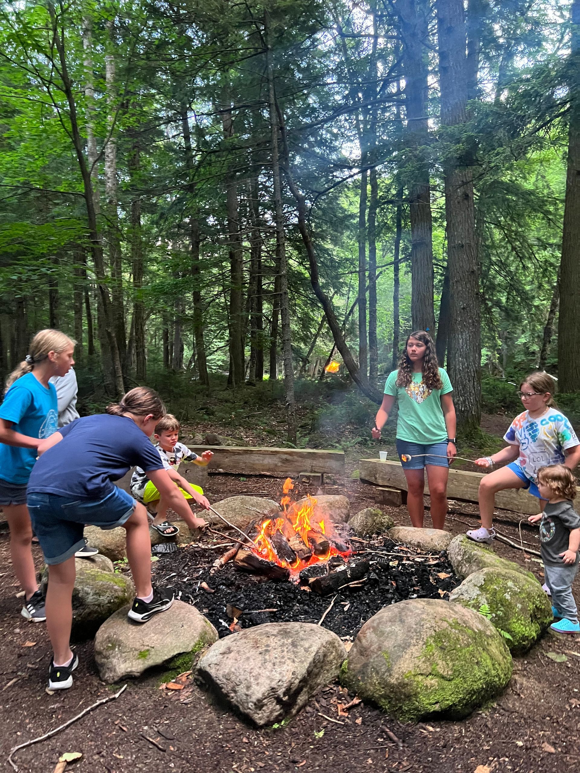 a group of children are playing around a campfire in the woods .