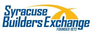 Logo for Syracuse Builders Exchange, blue text with yellow arc and X shape,