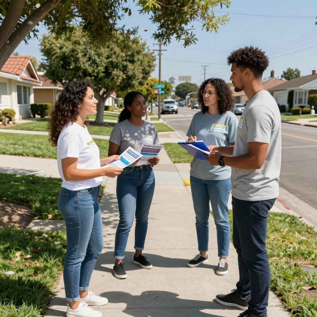 Four people on a sidewalk, two holding brochures and two holding clipboards, with houses in the background.