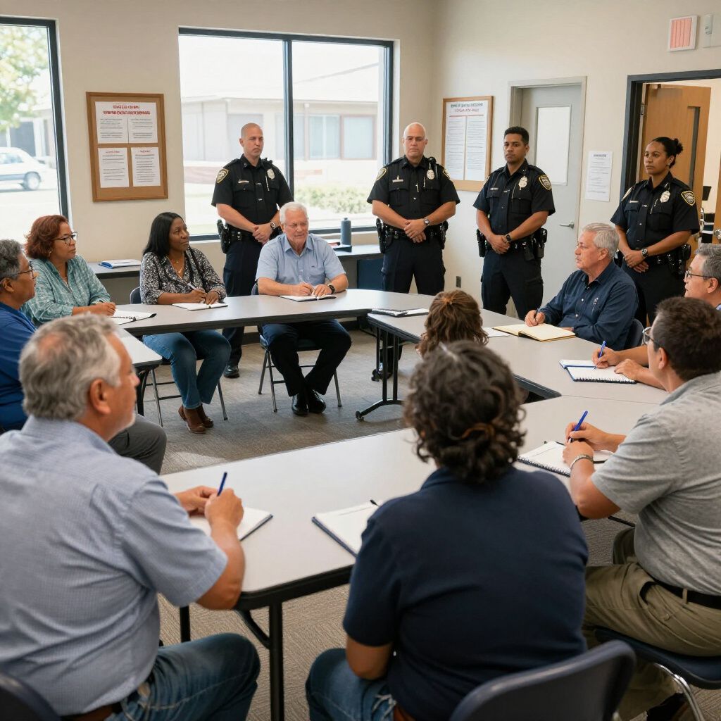 Community meeting in a room with police officers standing behind a table of seated people.