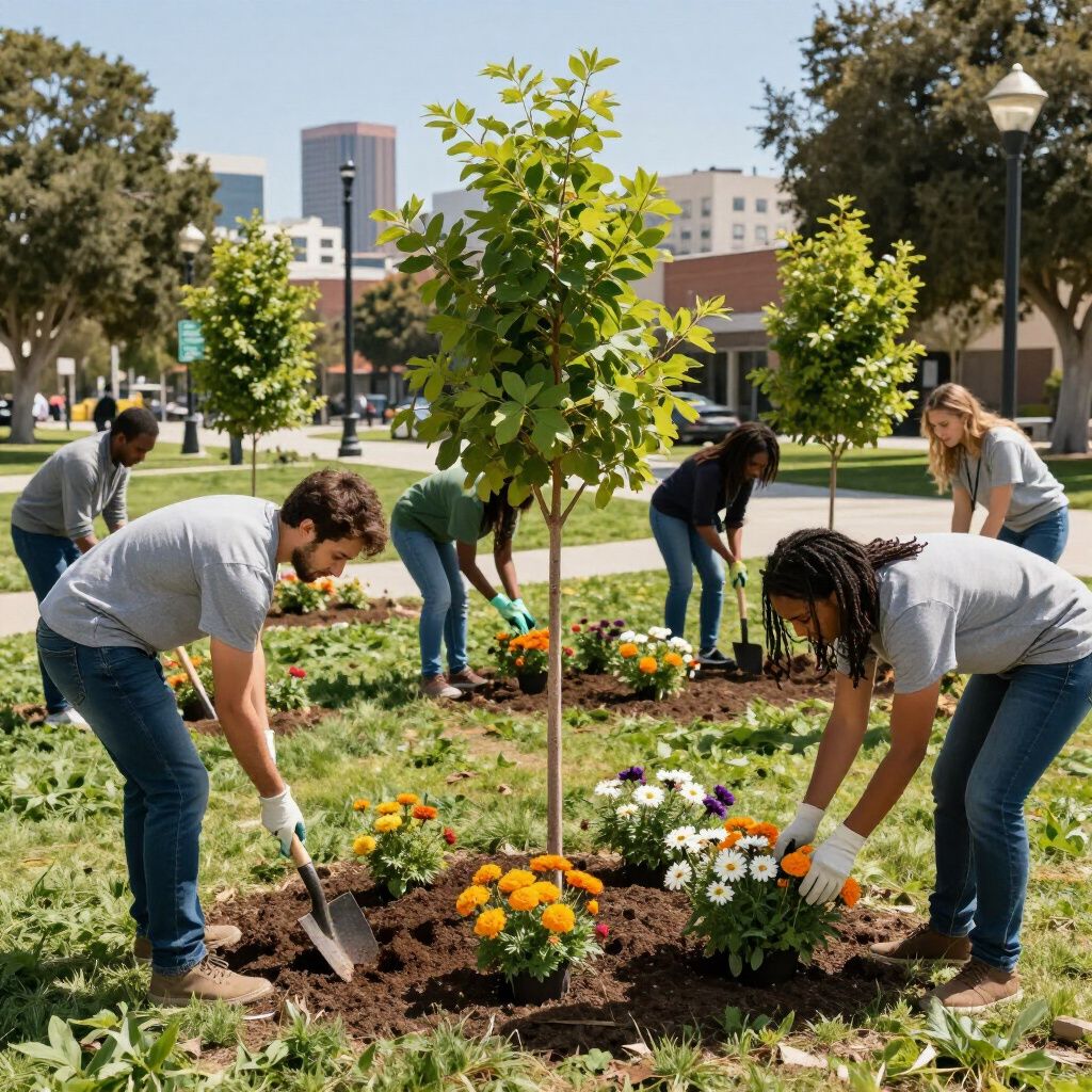 People planting flowers around a young tree in a park.