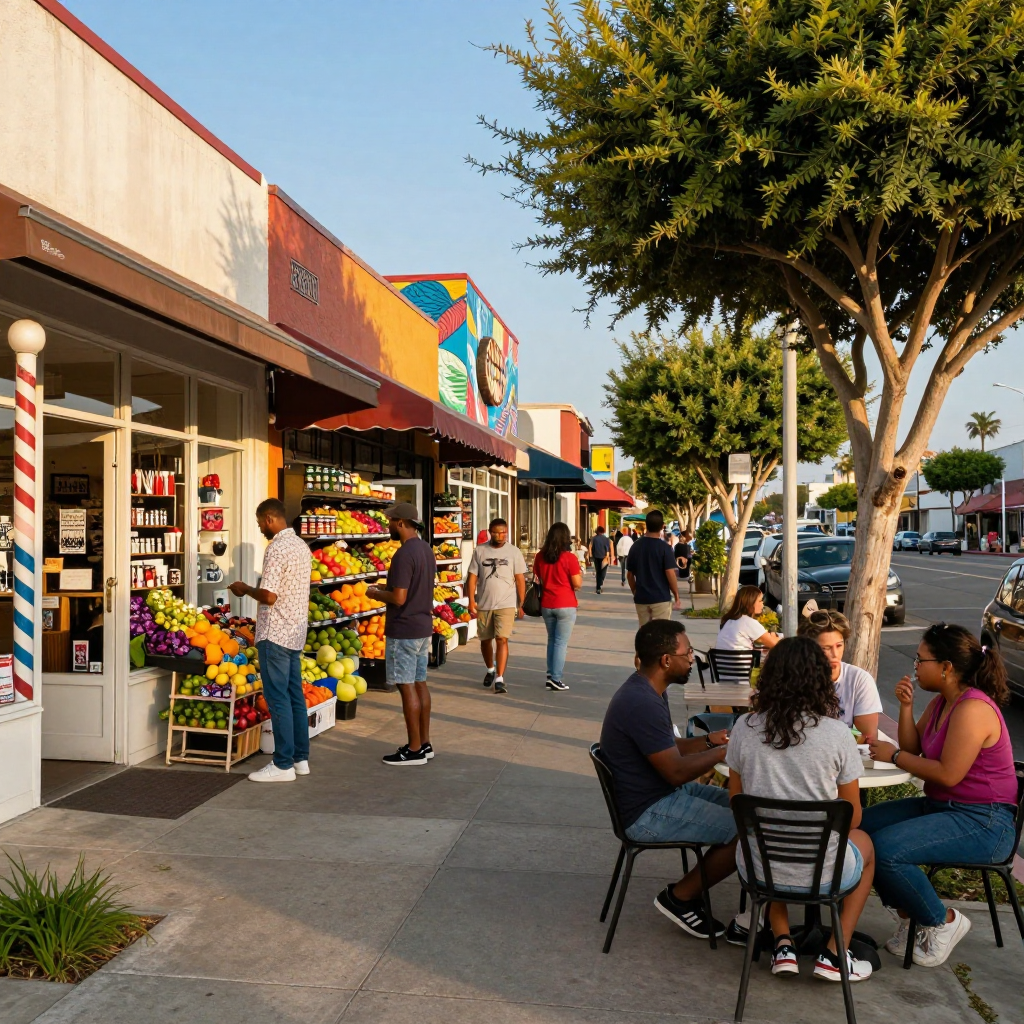 Street scene with shops, pedestrians, outdoor seating, and colorful storefronts.