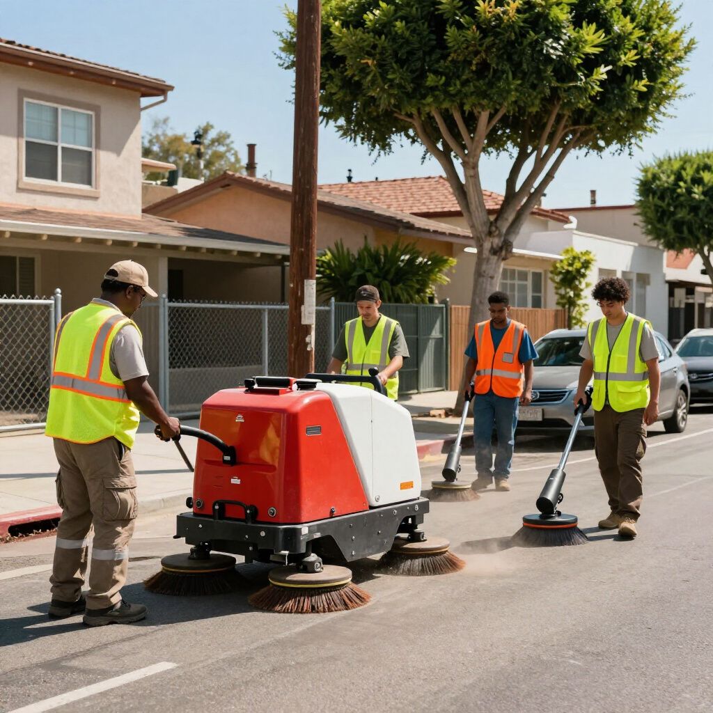 Street cleaning crew with sweeper and brooms on a residential street.