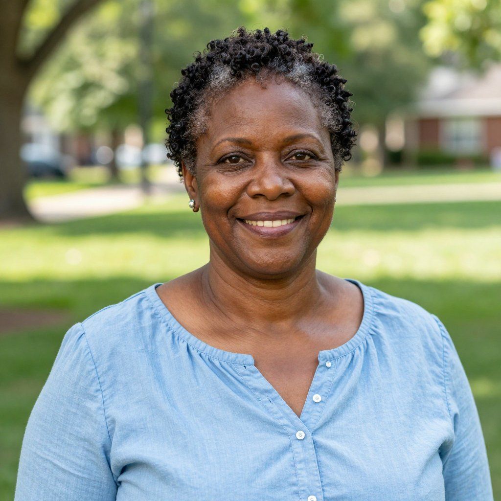 Woman in blue shirt smiles in a park setting.