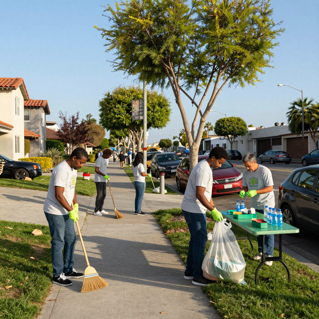 People cleaning a sidewalk with brooms and trash bags in a residential neighborhood.