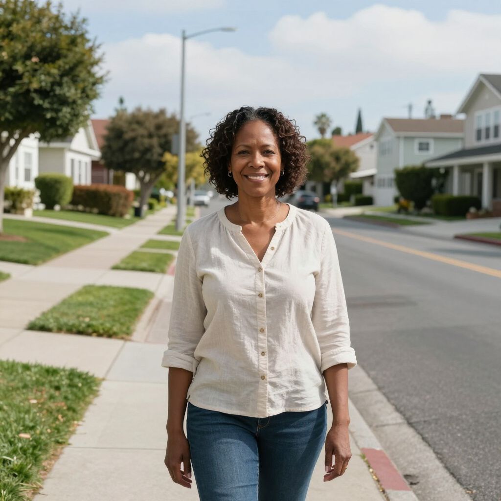 Woman walking on a sidewalk, smiling, in a residential neighborhood.