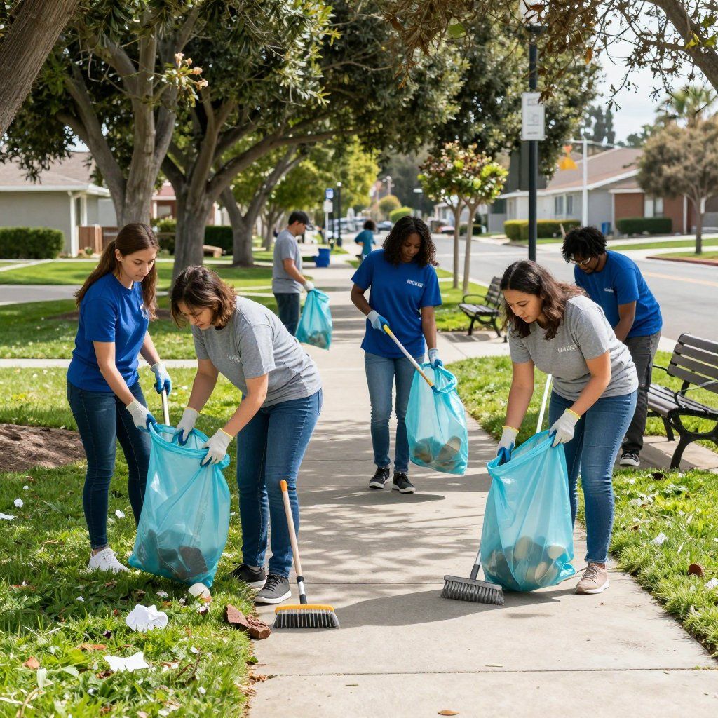 People in blue and gray shirts clean up trash on a sidewalk, placing it in blue bags.
